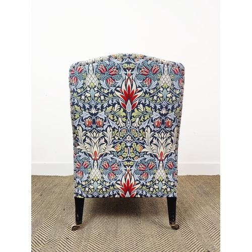 168 - BERGERE, Napoleon III ebonised in William Morris snakes head pattern upholstery on castors, 91cm H x... 