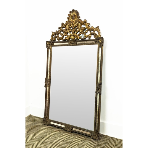 170 - WALL MIRROR, Continental style gilt framed with marginal plates, 126cm H x 67cm.