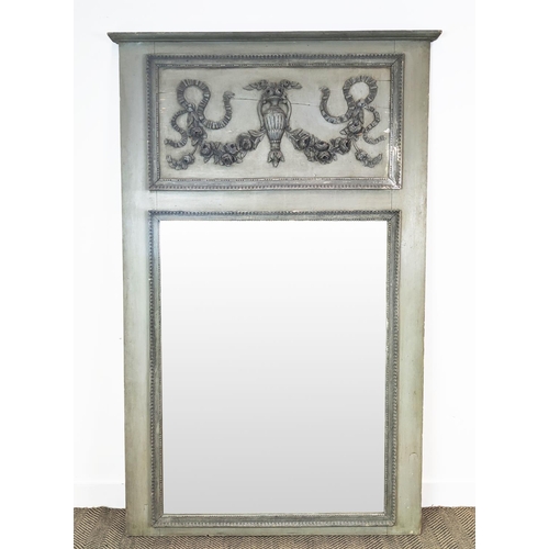 171 - TRUMEAU, 19th century French grey painted with floral swag carved frieze above a rectangular plate, ... 