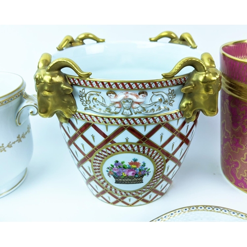 18 - DRESDEN CACHE POT, with neoclassical rams head decoration along with two William Yeoward pink cache ... 