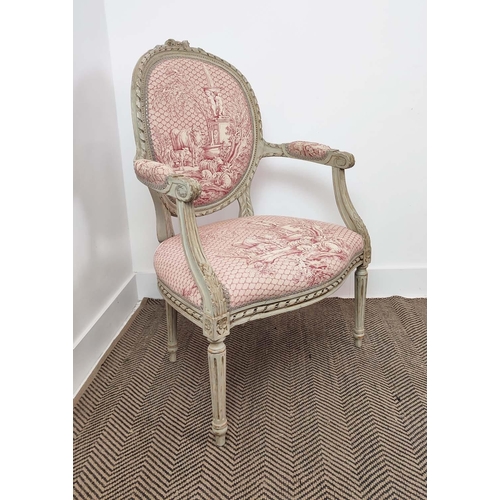 198 - FAUTEUIL, Louis XVI style grey painted with red toile de jouy upholstery, 94cm H x 61cm x 60cm.