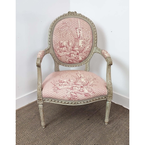 198 - FAUTEUIL, Louis XVI style grey painted with red toile de jouy upholstery, 94cm H x 61cm x 60cm.