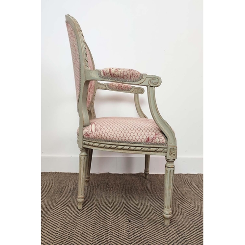 198 - FAUTEUIL, Louis XVI style grey painted with red toile de jouy upholstery, 94cm H x 61cm x 60cm.