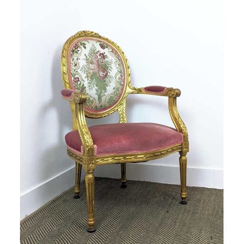 200 - FAUTEUIL, Louis XVI style giltwood in pink and floral upholstery, 96cm H x 60cm W x 64cm D.