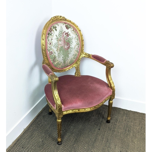 200 - FAUTEUIL, Louis XVI style giltwood in pink and floral upholstery, 96cm H x 60cm W x 64cm D.