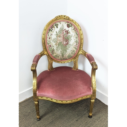 200 - FAUTEUIL, Louis XVI style giltwood in pink and floral upholstery, 96cm H x 60cm W x 64cm D.