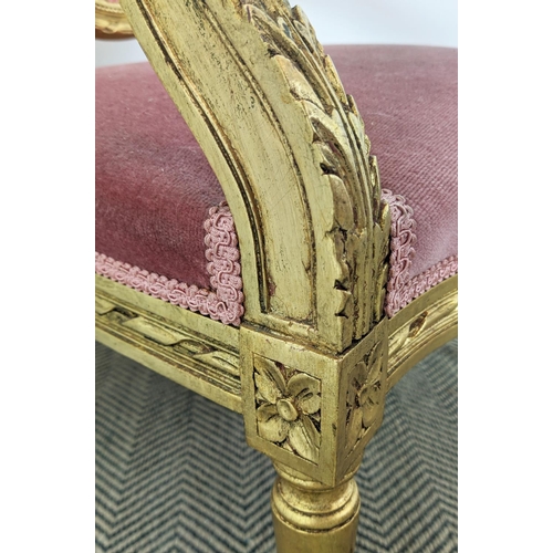 200 - FAUTEUIL, Louis XVI style giltwood in pink and floral upholstery, 96cm H x 60cm W x 64cm D.