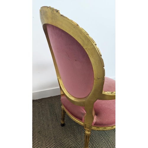 200 - FAUTEUIL, Louis XVI style giltwood in pink and floral upholstery, 96cm H x 60cm W x 64cm D.