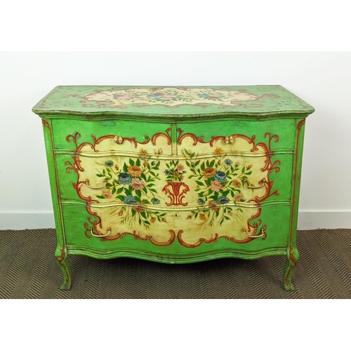 201 - SERPENTINE COMMODE, Louis XV style painted with floral sprays containing two short and two long draw... 