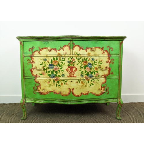 201 - SERPENTINE COMMODE, Louis XV style painted with floral sprays containing two short and two long draw... 