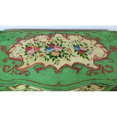 201 - SERPENTINE COMMODE, Louis XV style painted with floral sprays containing two short and two long draw... 