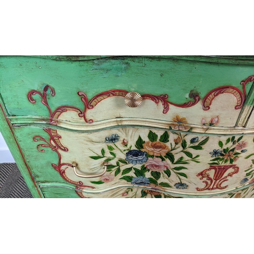 201 - SERPENTINE COMMODE, Louis XV style painted with floral sprays containing two short and two long draw... 