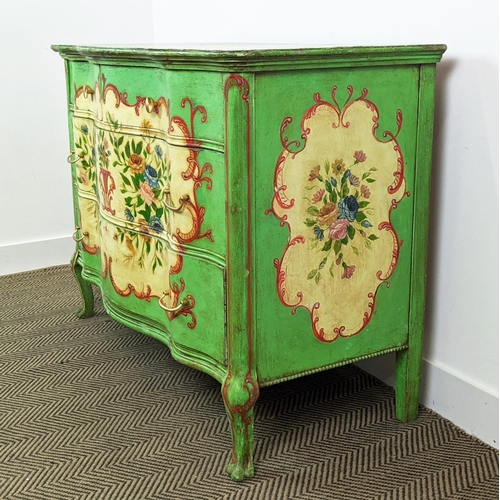 201 - SERPENTINE COMMODE, Louis XV style painted with floral sprays containing two short and two long draw... 