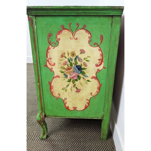 201 - SERPENTINE COMMODE, Louis XV style painted with floral sprays containing two short and two long draw... 