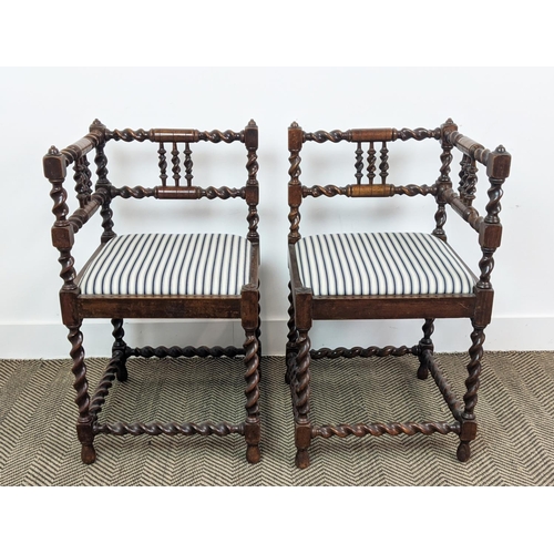 202 - CORNER CHAIRS, 75cm H x 43cm W x 43cm D, a pair, 20th century French beechwood with ticking seats. (... 