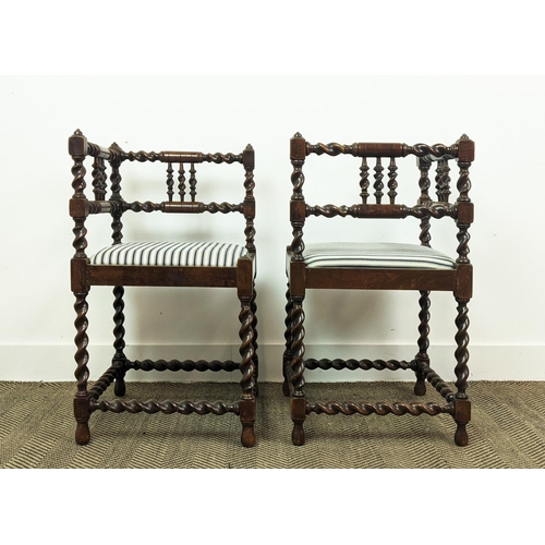 202 - CORNER CHAIRS, 75cm H x 43cm W x 43cm D, a pair, 20th century French beechwood with ticking seats. (... 