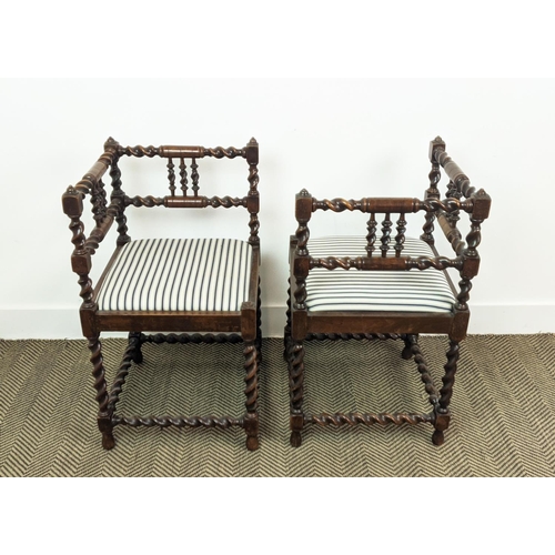 202 - CORNER CHAIRS, 75cm H x 43cm W x 43cm D, a pair, 20th century French beechwood with ticking seats. (... 