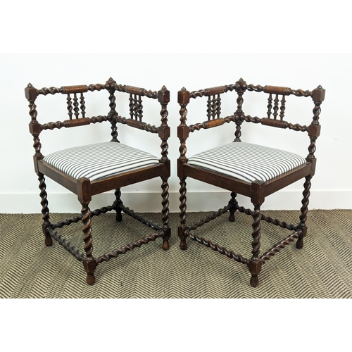 202 - CORNER CHAIRS, 75cm H x 43cm W x 43cm D, a pair, 20th century French beechwood with ticking seats. (... 