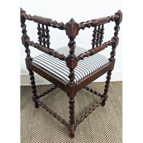 202 - CORNER CHAIRS, 75cm H x 43cm W x 43cm D, a pair, 20th century French beechwood with ticking seats. (... 