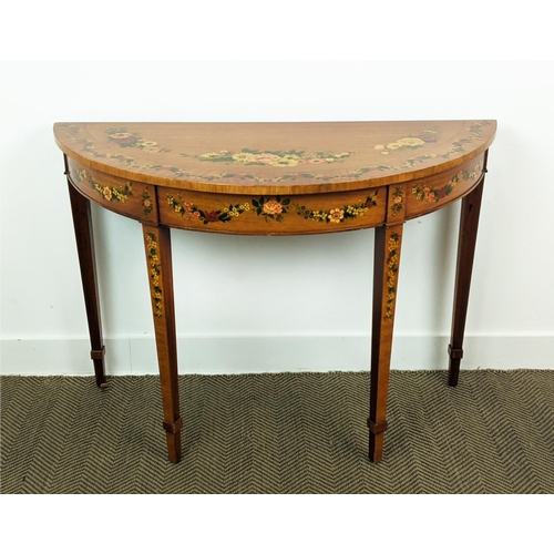 203 - SHERATON STYLE DEMI LUNE SIDE TABLE, late 20th century satinwood and floral painted, 77cm H x 113cm ... 