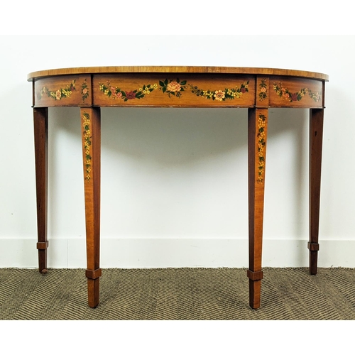 203 - SHERATON STYLE DEMI LUNE SIDE TABLE, late 20th century satinwood and floral painted, 77cm H x 113cm ... 