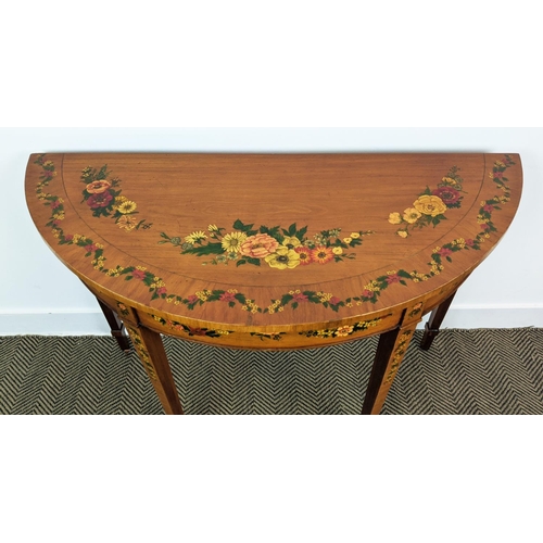 203 - SHERATON STYLE DEMI LUNE SIDE TABLE, late 20th century satinwood and floral painted, 77cm H x 113cm ... 