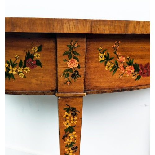 203 - SHERATON STYLE DEMI LUNE SIDE TABLE, late 20th century satinwood and floral painted, 77cm H x 113cm ... 