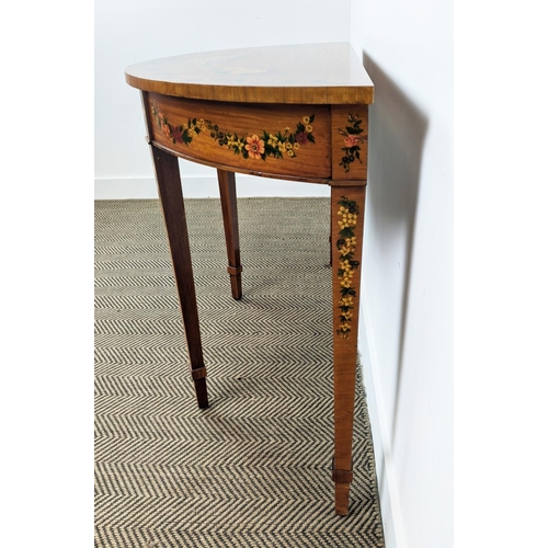 203 - SHERATON STYLE DEMI LUNE SIDE TABLE, late 20th century satinwood and floral painted, 77cm H x 113cm ... 