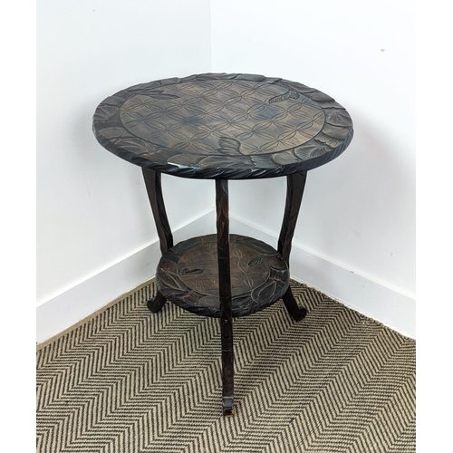 204 - OCCASIONAL TABLE PROBABLY FROM LIBERTY & CO, Japanese leaf carved of two circular tiers, incised 593... 