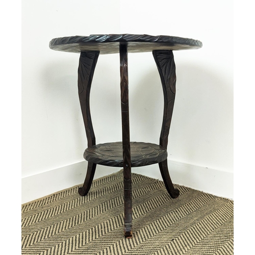 204 - OCCASIONAL TABLE PROBABLY FROM LIBERTY & CO, Japanese leaf carved of two circular tiers, incised 593... 