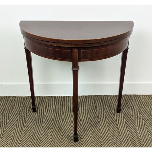 205 - DEMI LUNE CARD TABLE, Edwardian mahogany and string inlaid with blue baize top, 74cm H x 76cm x 38cm... 