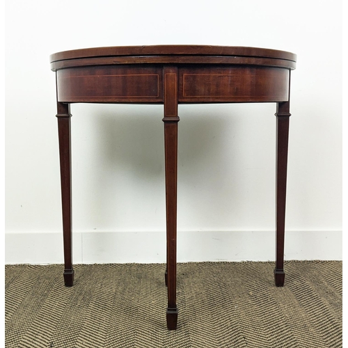 205 - DEMI LUNE CARD TABLE, Edwardian mahogany and string inlaid with blue baize top, 74cm H x 76cm x 38cm... 