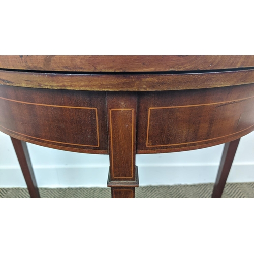 205 - DEMI LUNE CARD TABLE, Edwardian mahogany and string inlaid with blue baize top, 74cm H x 76cm x 38cm... 