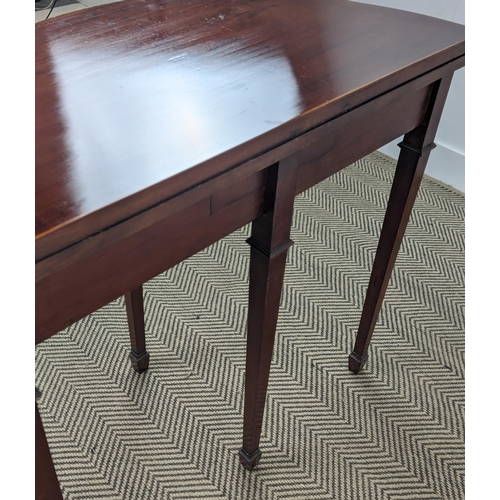 205 - DEMI LUNE CARD TABLE, Edwardian mahogany and string inlaid with blue baize top, 74cm H x 76cm x 38cm... 