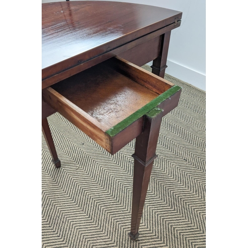 205 - DEMI LUNE CARD TABLE, Edwardian mahogany and string inlaid with blue baize top, 74cm H x 76cm x 38cm... 