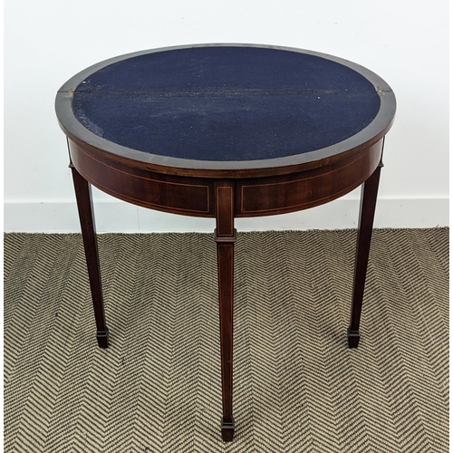 205 - DEMI LUNE CARD TABLE, Edwardian mahogany and string inlaid with blue baize top, 74cm H x 76cm x 38cm... 