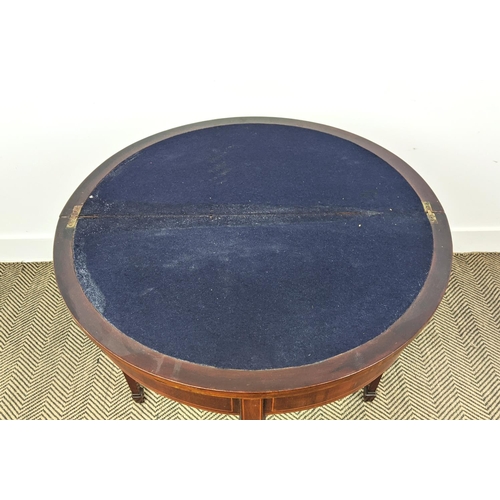 205 - DEMI LUNE CARD TABLE, Edwardian mahogany and string inlaid with blue baize top, 74cm H x 76cm x 38cm... 