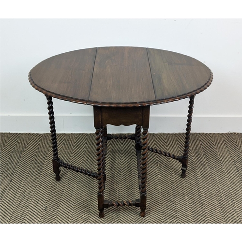 206 - SUTHERLAND TABLE, circa 1920, walnut with hinged oval top on barley twist legs, 61cm H x 27cm x 64cm... 