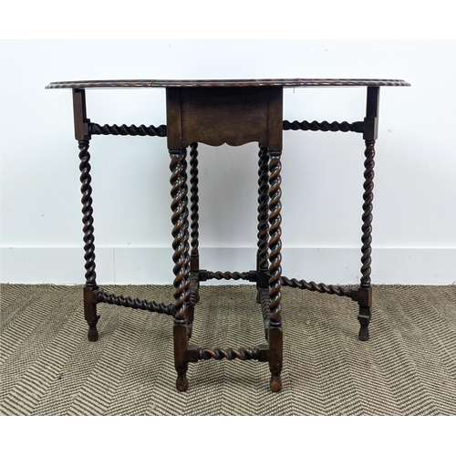 206 - SUTHERLAND TABLE, circa 1920, walnut with hinged oval top on barley twist legs, 61cm H x 27cm x 64cm... 