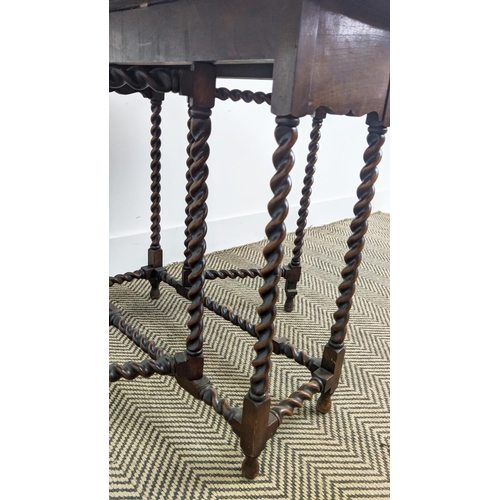 206 - SUTHERLAND TABLE, circa 1920, walnut with hinged oval top on barley twist legs, 61cm H x 27cm x 64cm... 