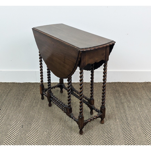 206 - SUTHERLAND TABLE, circa 1920, walnut with hinged oval top on barley twist legs, 61cm H x 27cm x 64cm... 