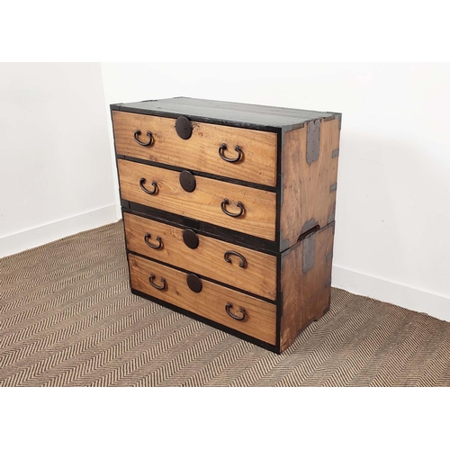 211 - TANSU CHEST, Meiji firwood and ebonised in two parts with four drawers and retractable iron carrying... 