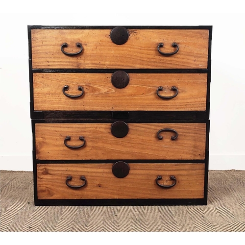 211 - TANSU CHEST, Meiji firwood and ebonised in two parts with four drawers and retractable iron carrying... 