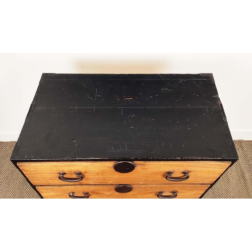 211 - TANSU CHEST, Meiji firwood and ebonised in two parts with four drawers and retractable iron carrying... 