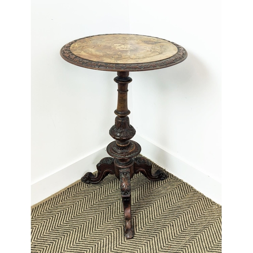 213 - OCCASIONAL TABLE, Victorian burr walnut, the circular top with inlaid marquetry detail on a carved b... 