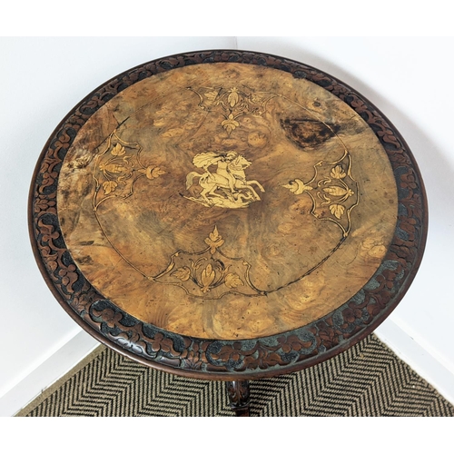 213 - OCCASIONAL TABLE, Victorian burr walnut, the circular top with inlaid marquetry detail on a carved b... 