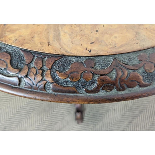 213 - OCCASIONAL TABLE, Victorian burr walnut, the circular top with inlaid marquetry detail on a carved b... 