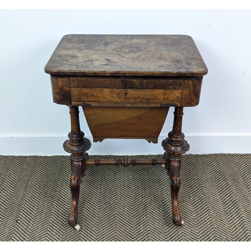 214 - WORK/WRITING TABLE, mid Victorian burr walnut and inlaid with hinged, leather lined top above a draw... 