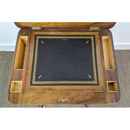 214 - WORK/WRITING TABLE, mid Victorian burr walnut and inlaid with hinged, leather lined top above a draw... 