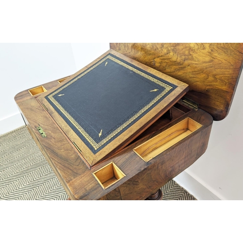 214 - WORK/WRITING TABLE, mid Victorian burr walnut and inlaid with hinged, leather lined top above a draw... 